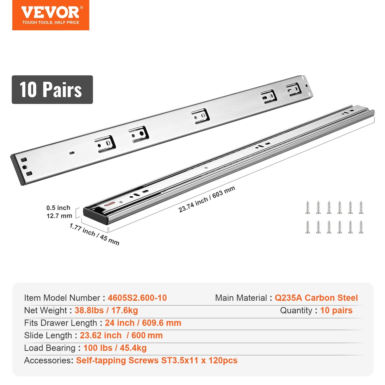 10 Pairs 609.6mm Drawer Slides Side Mount Steel Full Extension Soft-Close