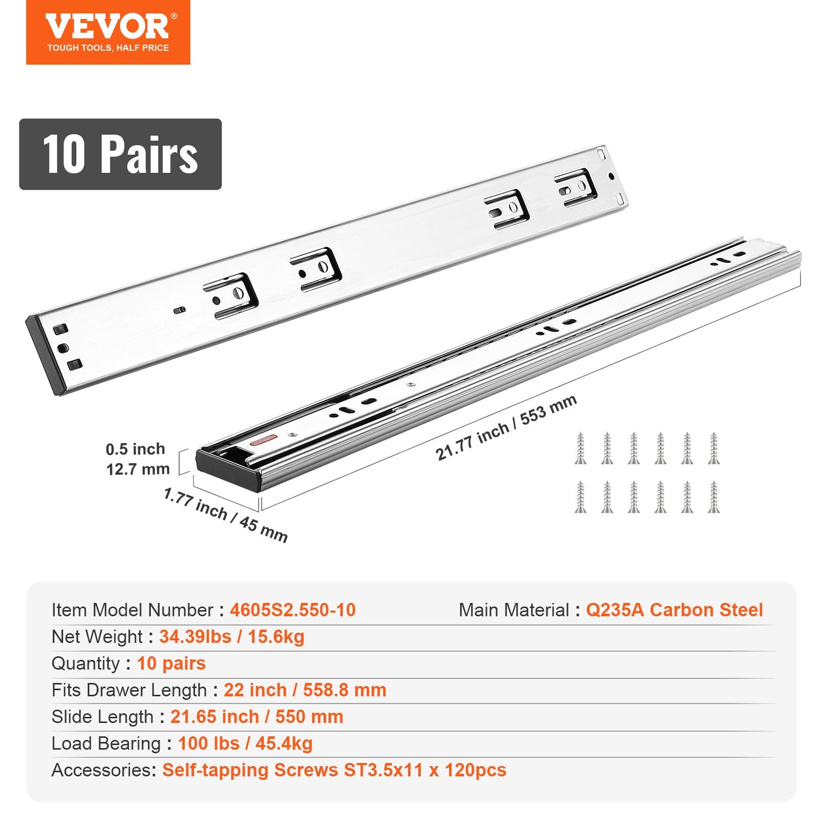 10 Pairs 558.8mm Drawer Slides, Heavy Duty Full Extension Steel Soft-Close Rails
