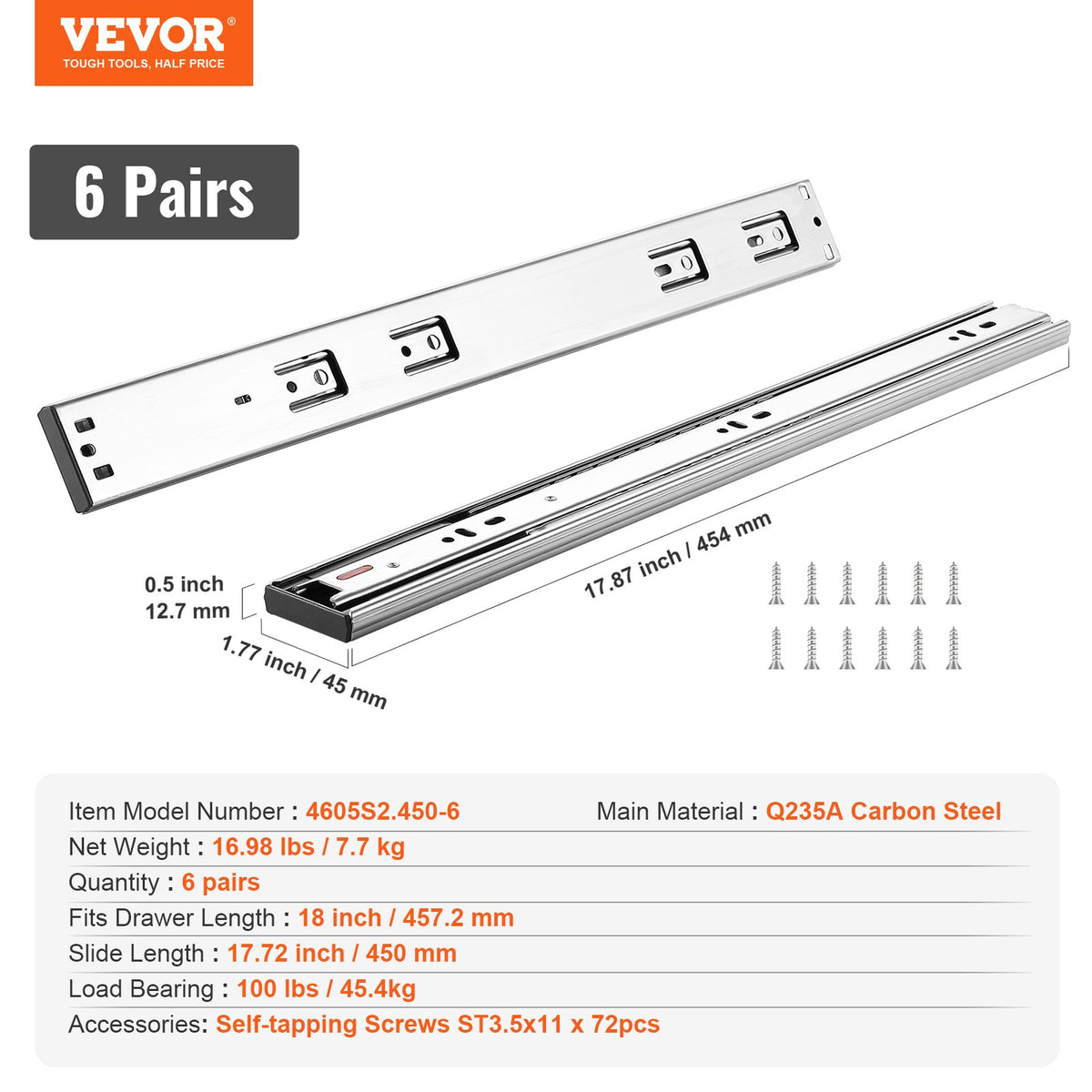 6 Pairs 457.2mm Drawer Slides, Heavy Duty Full Extension Steel Soft-Close Rails