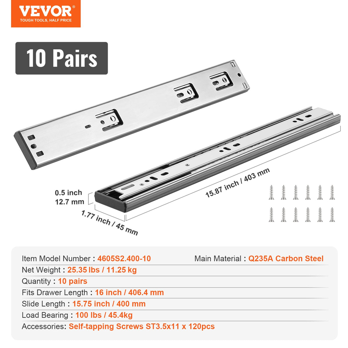 10 Pairs 406.4mm Drawer Slides Side Mount Steel Full Extension Soft-Close