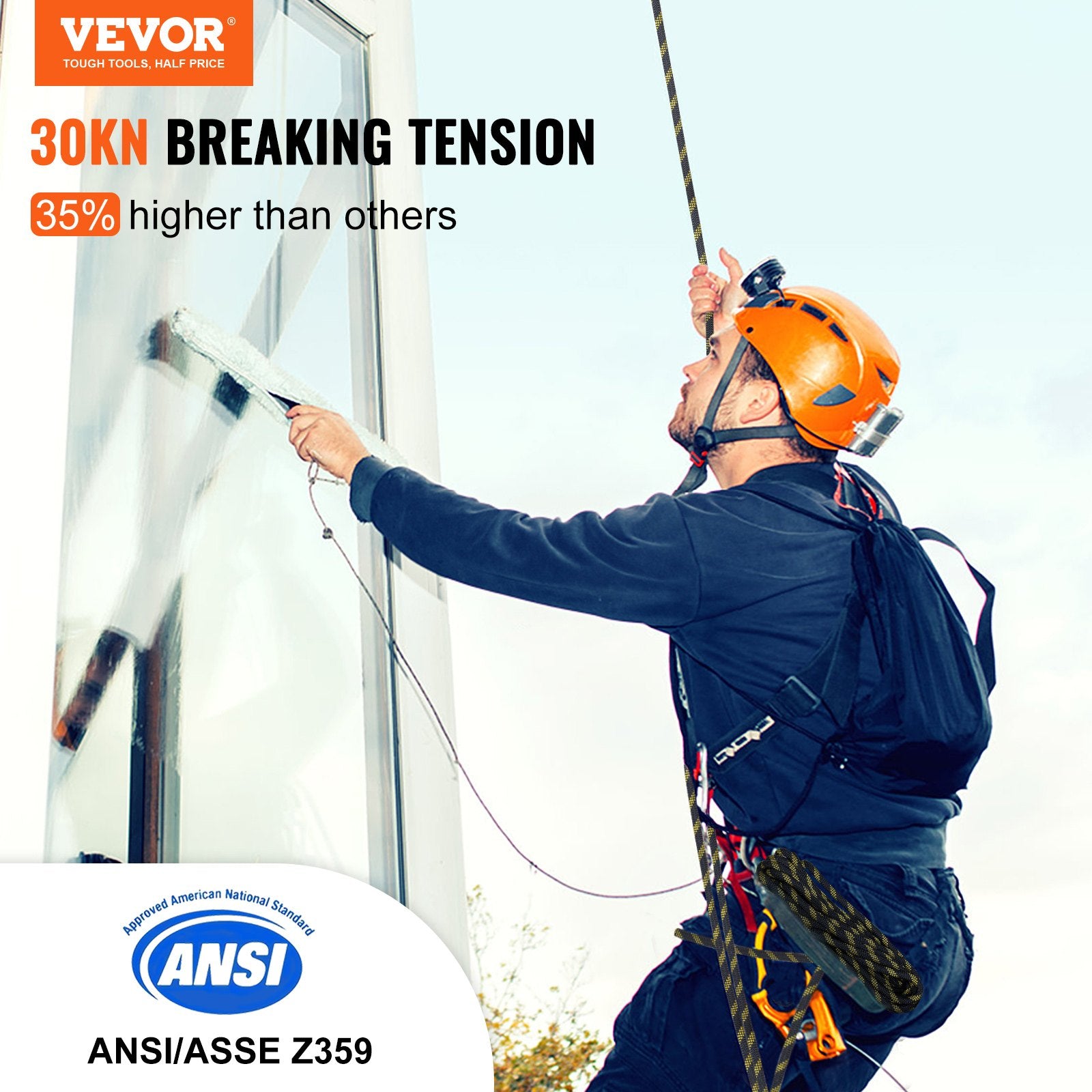 Vertical Lifeline Assembly 0.55'' x 50' Fall Protection Rope 30 KN ANSI