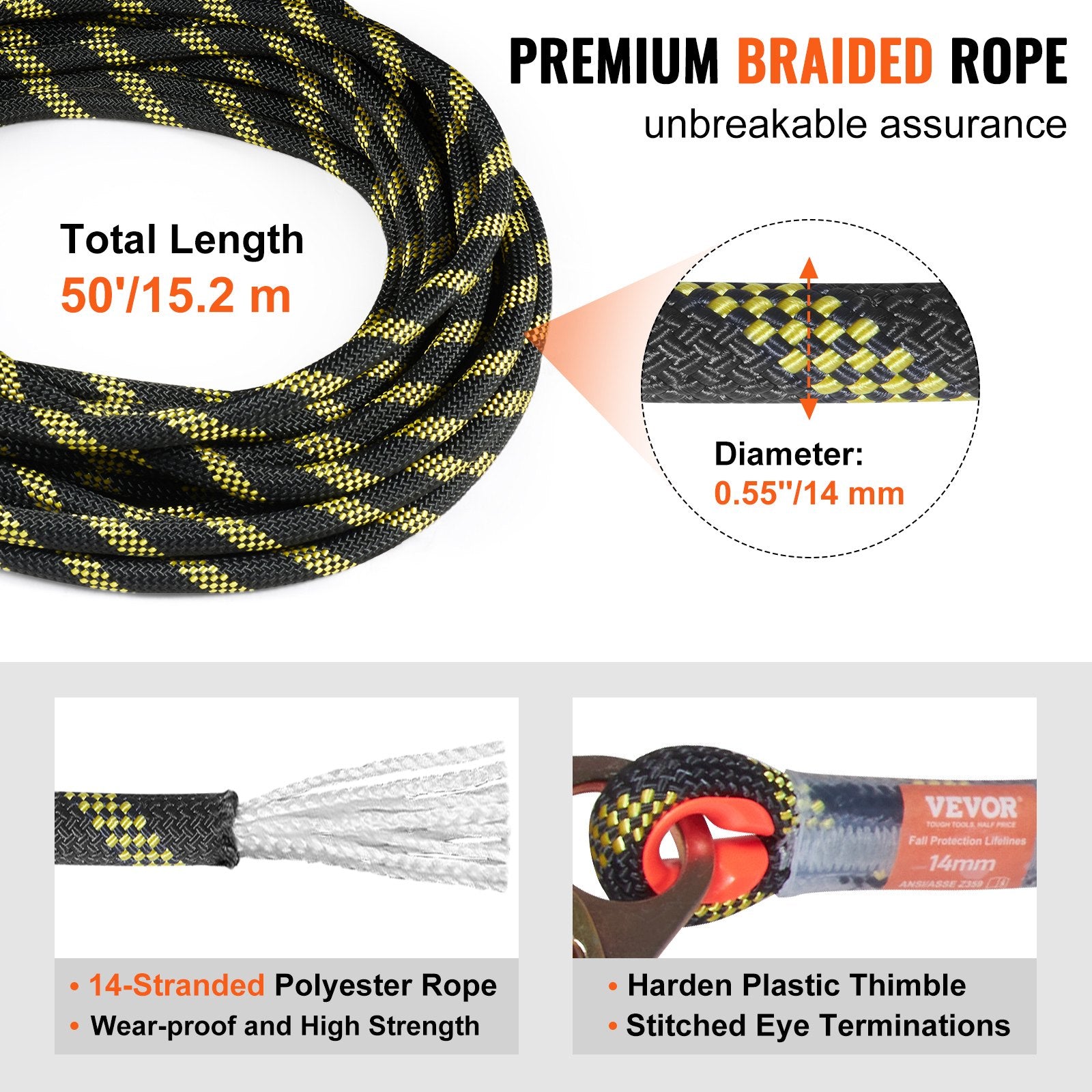 Vertical Lifeline Assembly 0.55'' x 50' Fall Protection Rope 30 KN ANSI