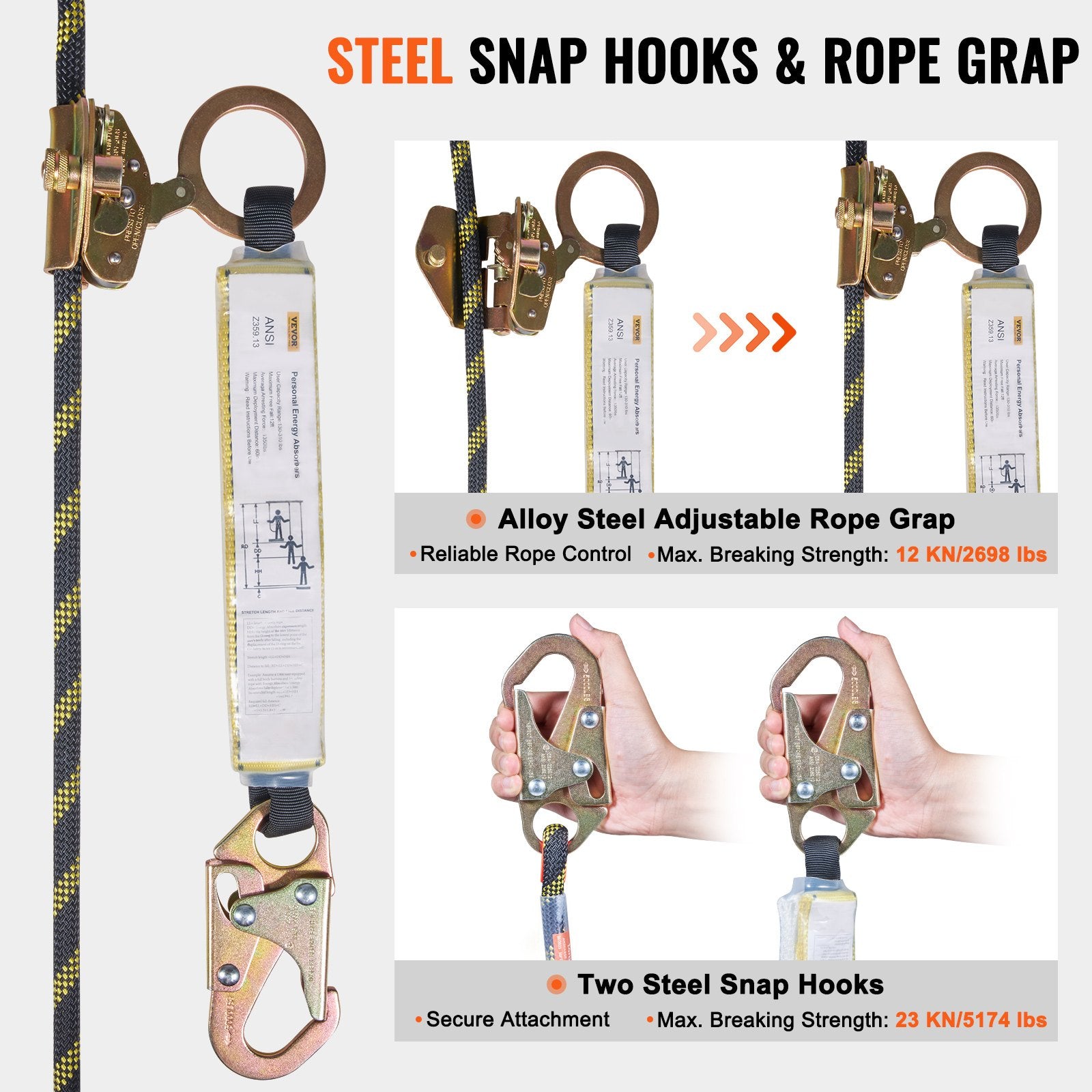 Vertical Lifeline Assembly 0.55'' x 50' Fall Protection Rope 30 KN ANSI