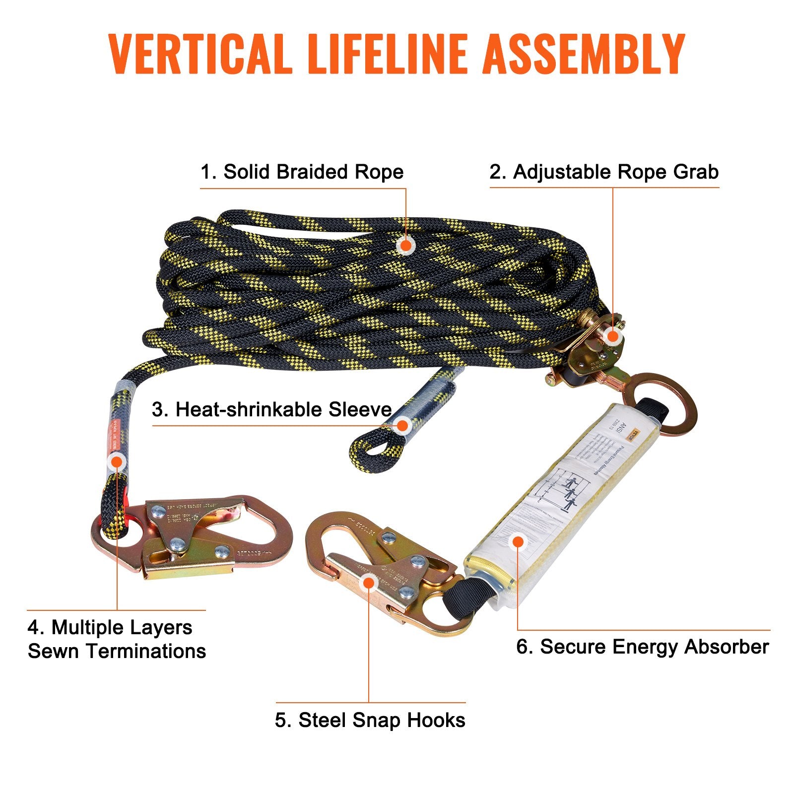 Vertical Lifeline Assembly 0.55'' x 50' Fall Protection Rope 30 KN ANSI