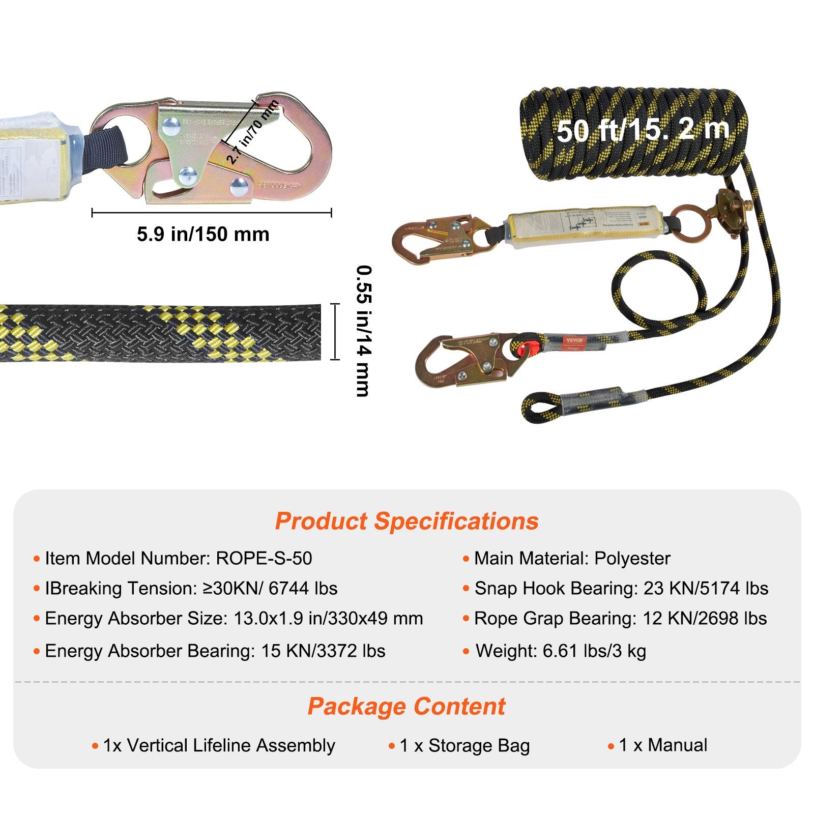 Vertical Lifeline Assembly 0.55'' x 50' Fall Protection Rope 30 KN ANSI