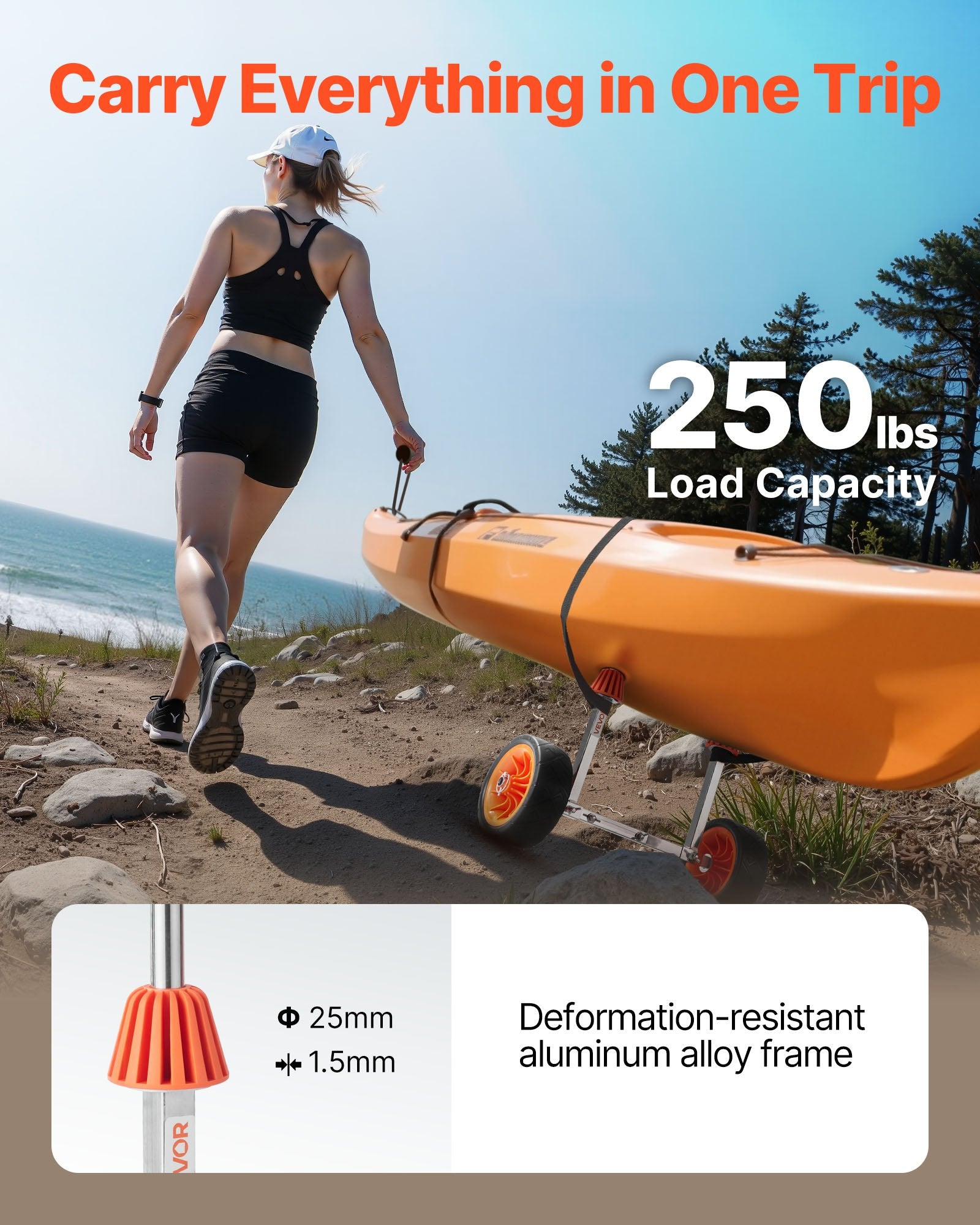 Kayak Cart 113.4kg Canoe Dolly 19.1cm Solid Rubber Tires Kickstand Paddle
