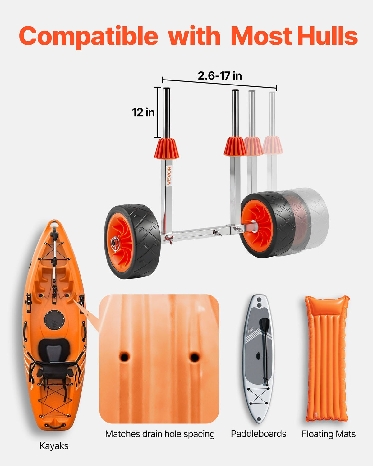 Kayak Cart 113.4kg Canoe Dolly 19.1cm Solid Rubber Tires Kickstand Paddle