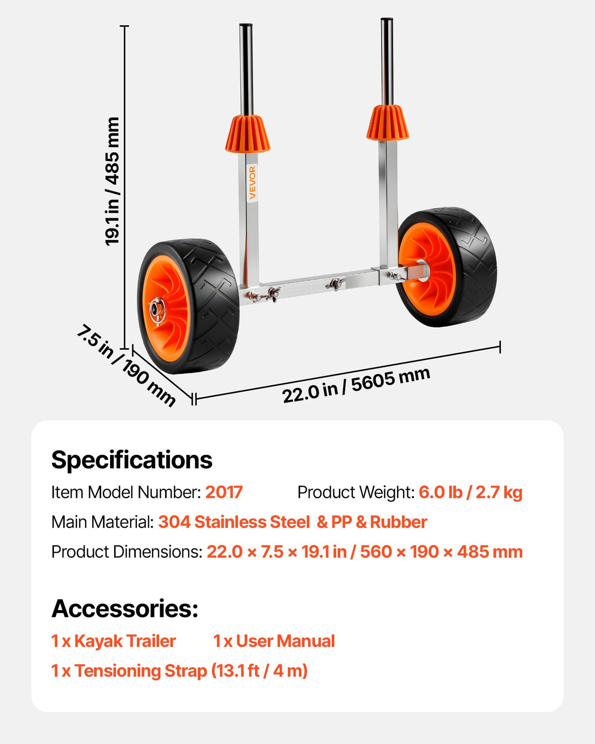 Kayak Cart 113.4kg Canoe Dolly 19.1cm Solid Rubber Tires Kickstand Paddle