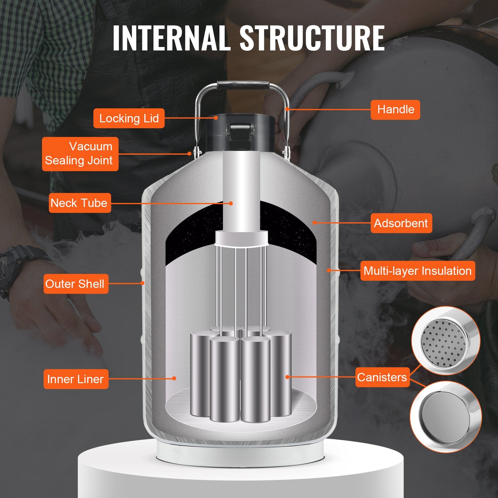 10L Liquid Nitrogen Tank Cryogenic Dewar Container with 6 Canisters