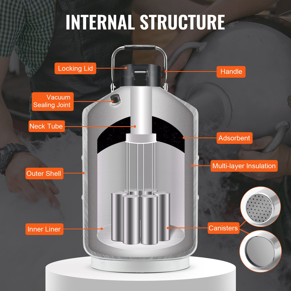 3L Liquid Nitrogen Tank Cryogenic Dewar with 6 Canisters