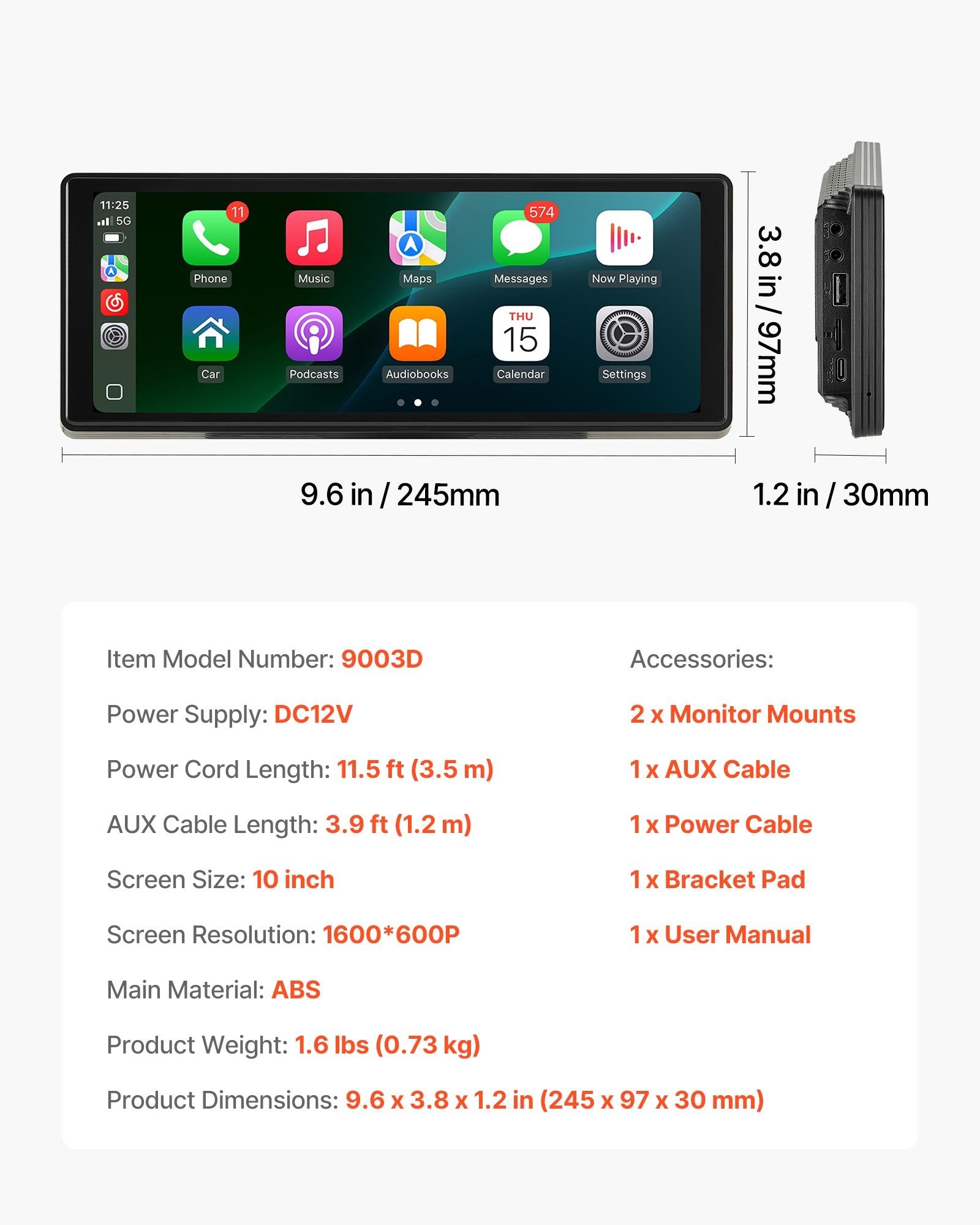 Car Stereo Wireless 254mm HD Touch Screen Apple CarPlay Android Auto GPS