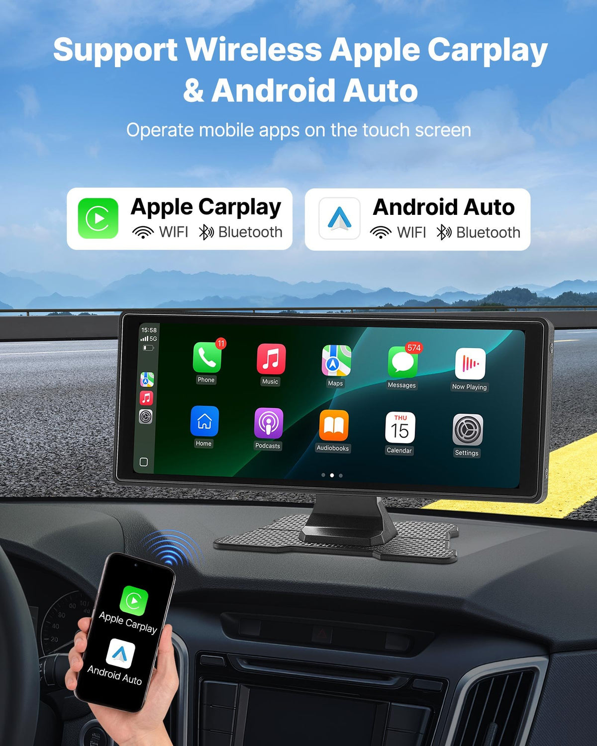 Wireless Car Stereo 254mm HD Touch Screen Apple CarPlay Android Auto Bluetooth