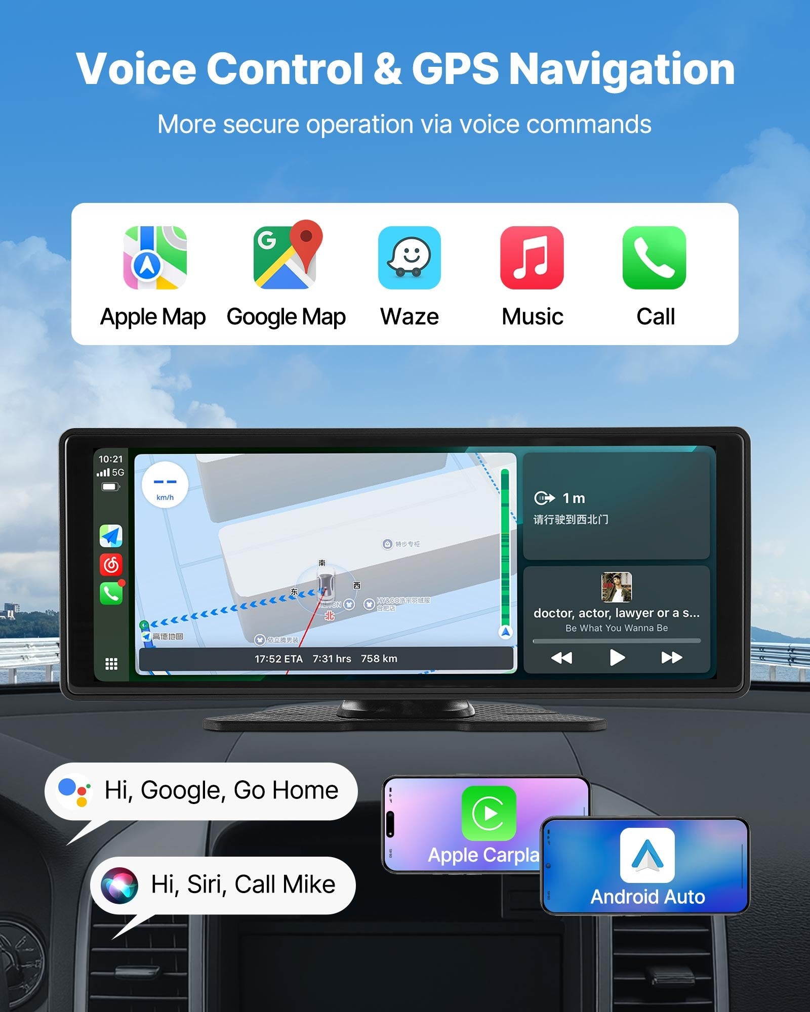 Wireless Car Stereo 254mm HD Touch Screen Apple CarPlay Android Auto Bluetooth