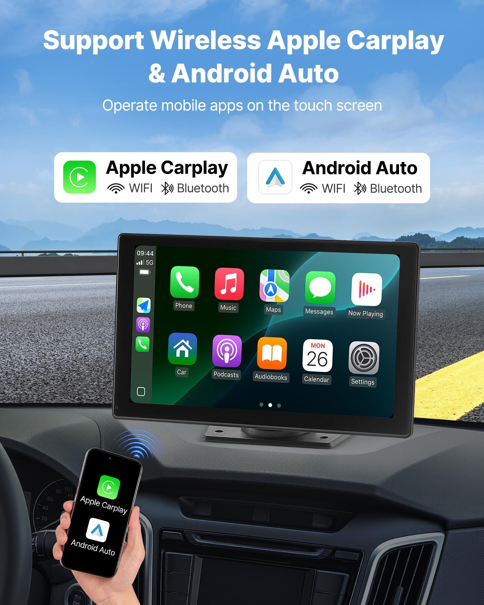 Wireless Car Stereo228.6mm HD Touchscreen AppleCarPlay AndroidAuto Bluetooth GPS