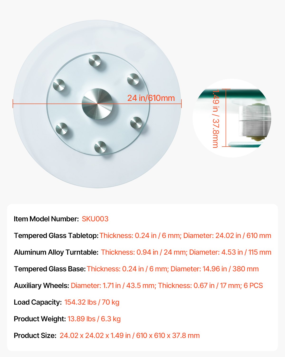 61cm Glass Lazy Susan Turntable 360° Rotating Tempered Table Tray