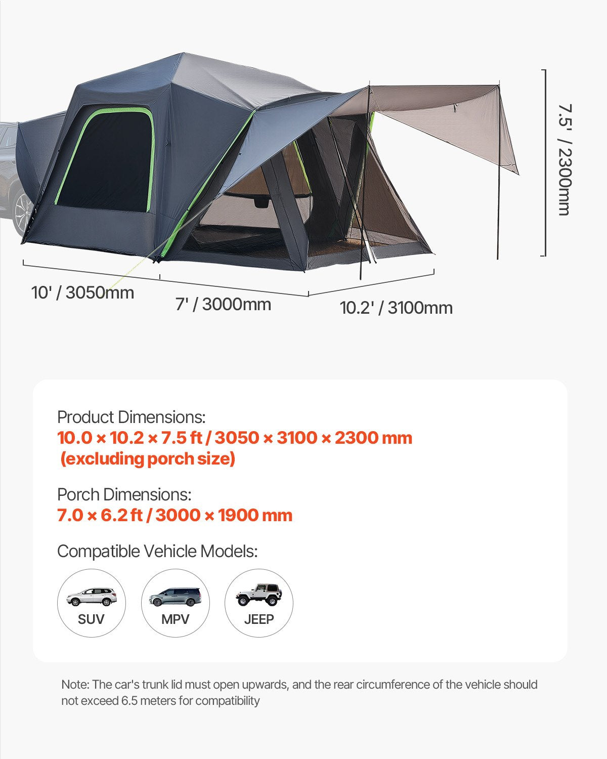 SUV Camping Tent 305 x 310 cm Waterproof 5-8 Person with Awning