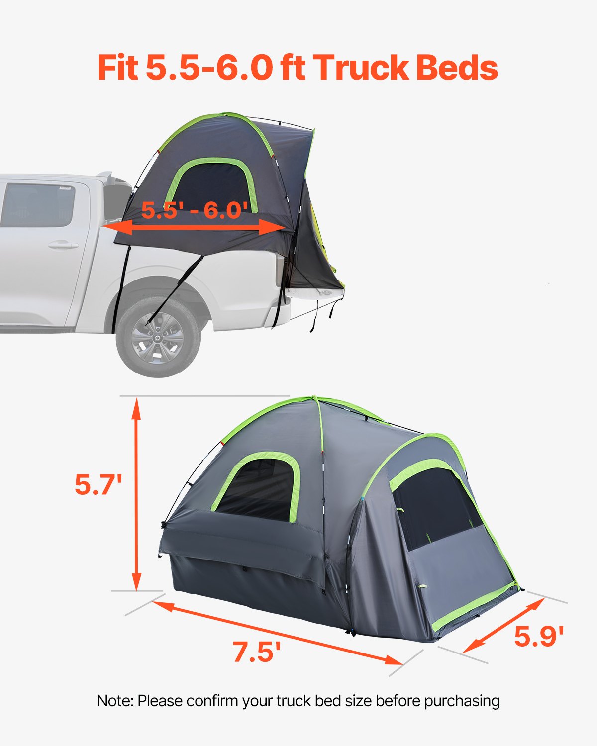 Pickup Truck Tent 5.5-6.0ft Waterproof PU2000 2-3 Person Sleeping with Windows
