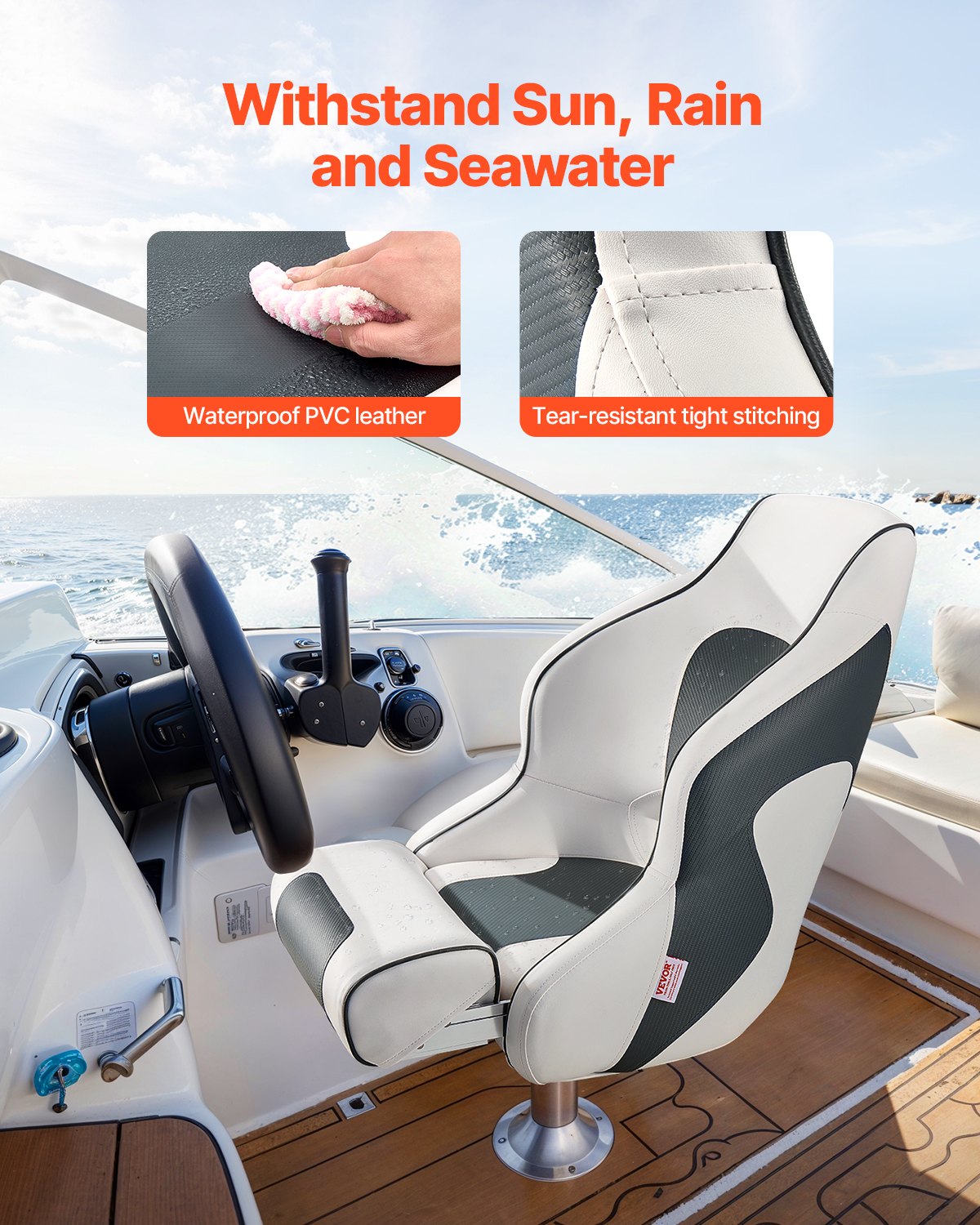 Captain Boat Seat High Backrest FlipUp Folding Waterproof PVC Leather White Grey