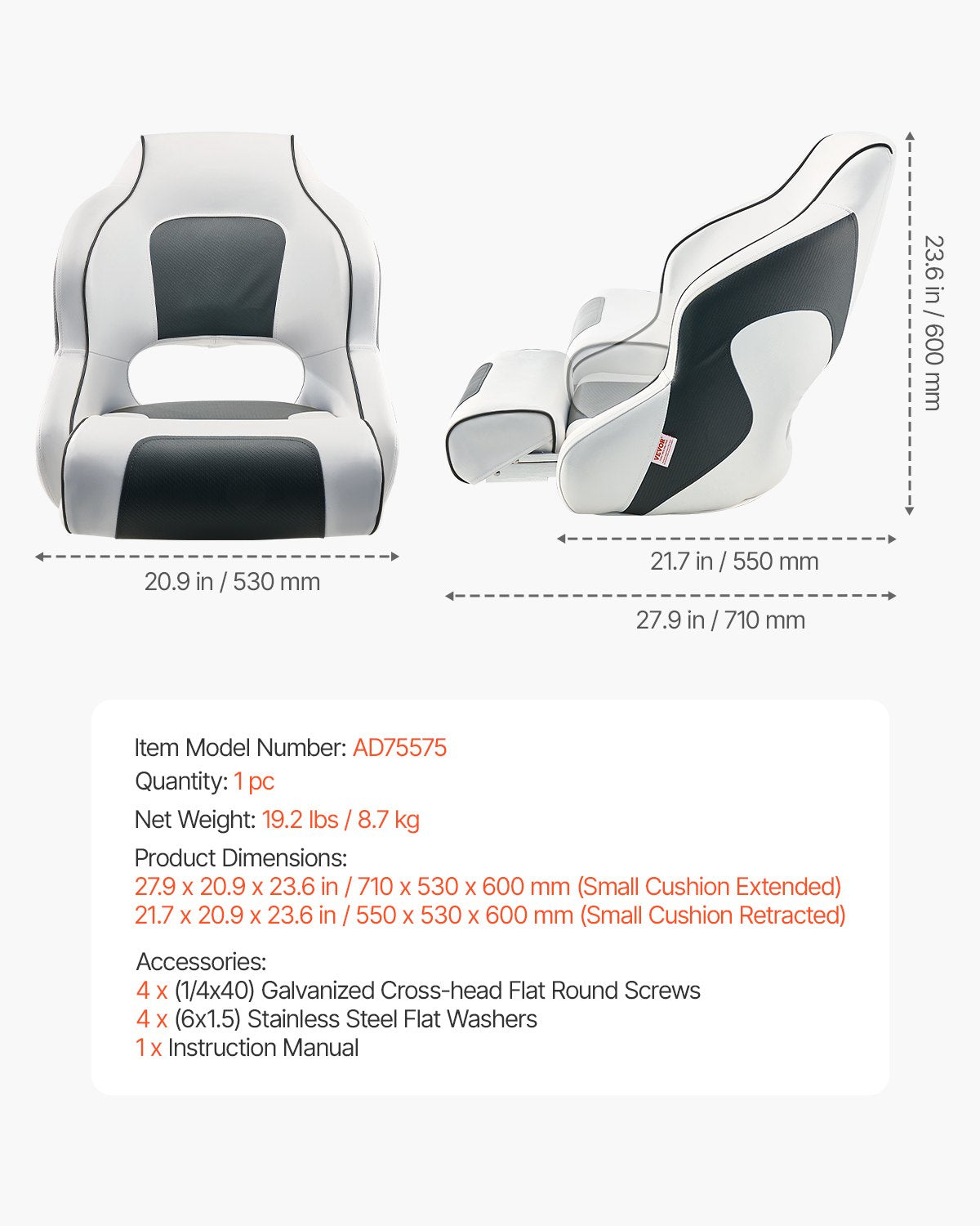 Captain Boat Seat High Backrest FlipUp Folding Waterproof PVC Leather White Grey