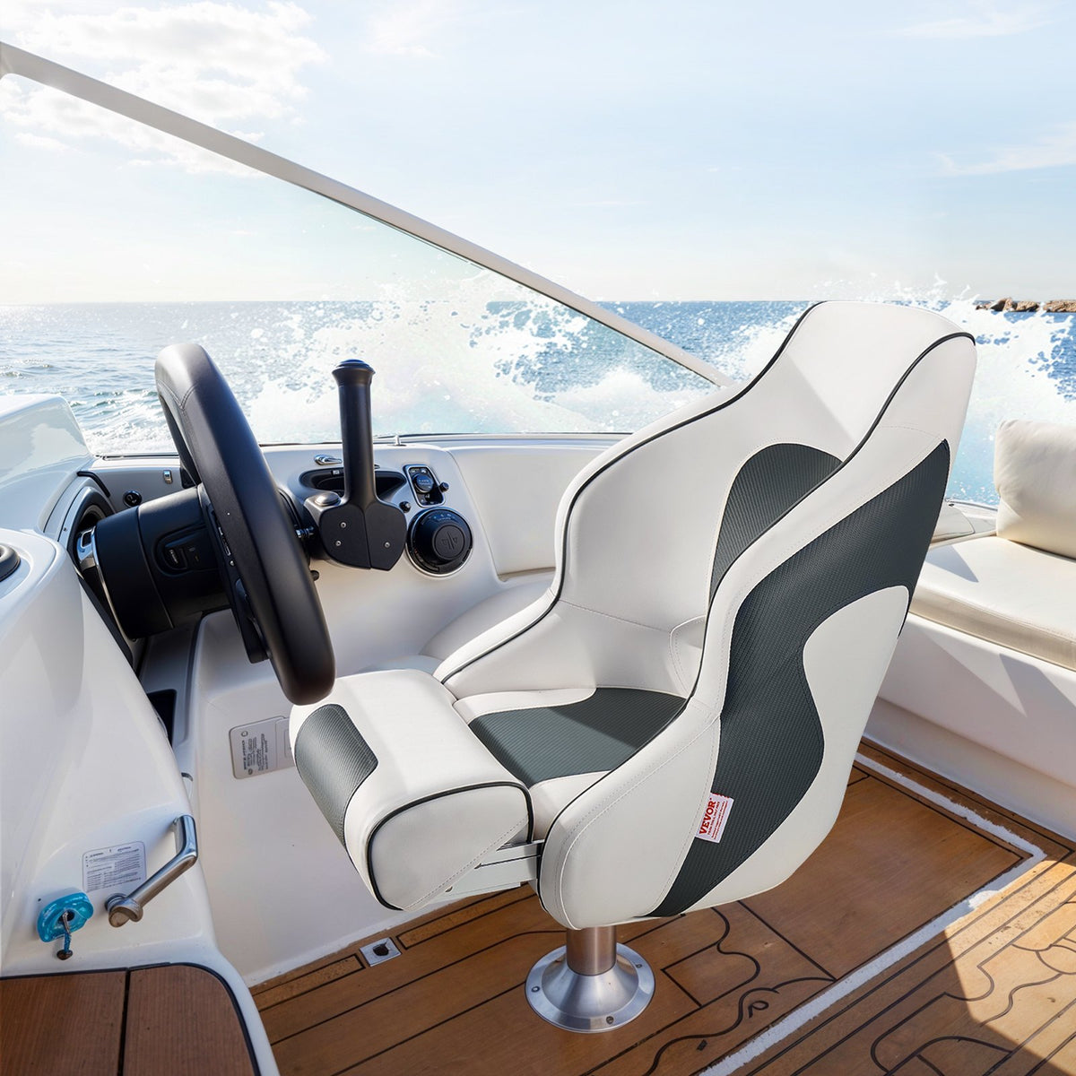 Captain Boat Seat High Backrest FlipUp Folding Waterproof PVC Leather White Grey