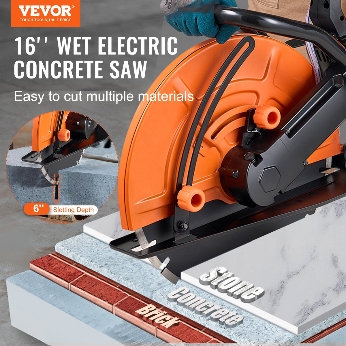 Electric Concrete Saw 16 in 2800W 15A Circular Cutter 6 in Depth Wet Saw