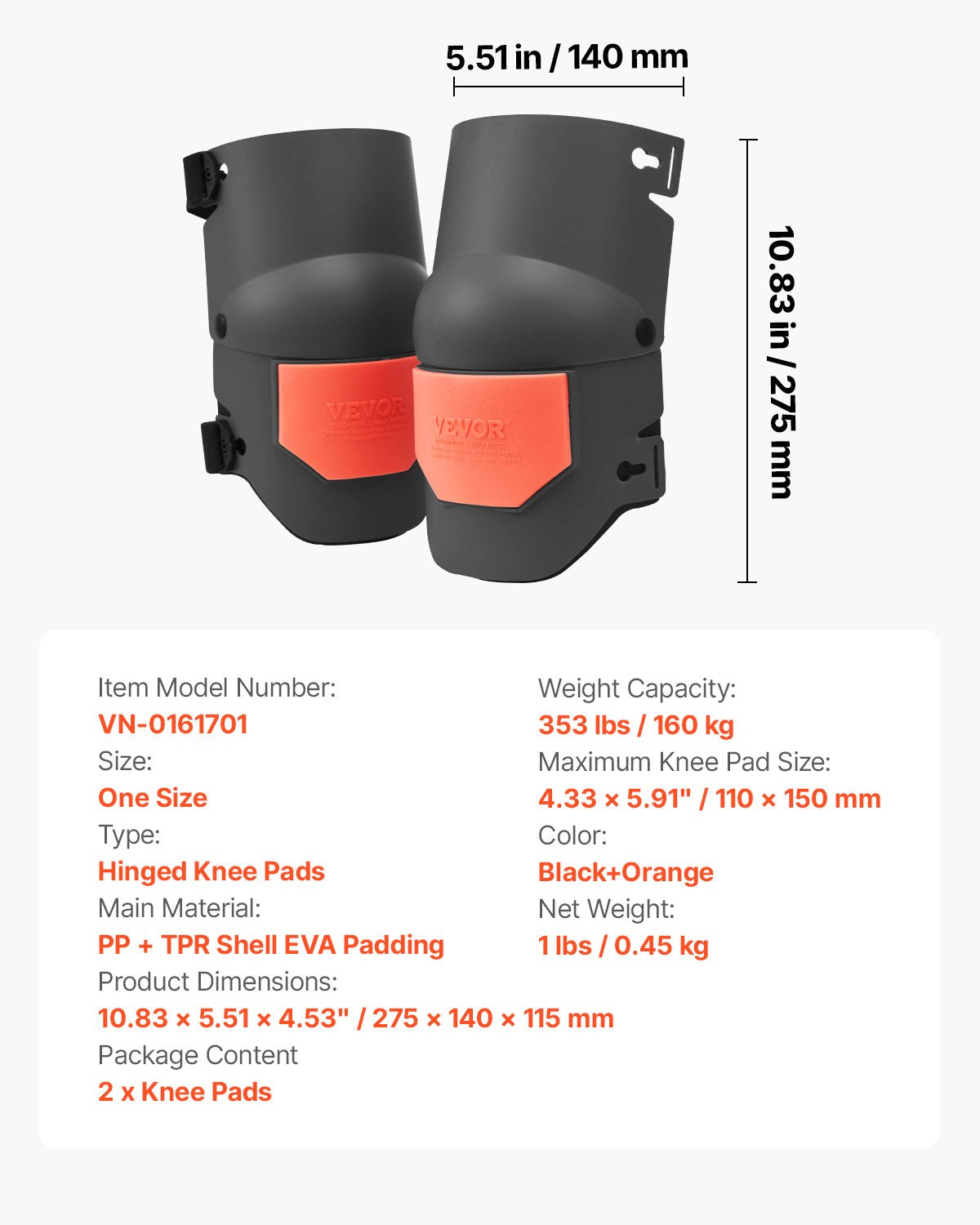 Knee Pads for Work Extra Thick Foam Cushion Pro Protection Comfort Black/Orange
