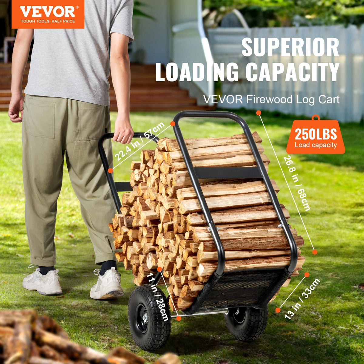 Firewood Log Cart 250lbs Steel PU Wheels Waterproof Wood Rack Heavy Duty Black