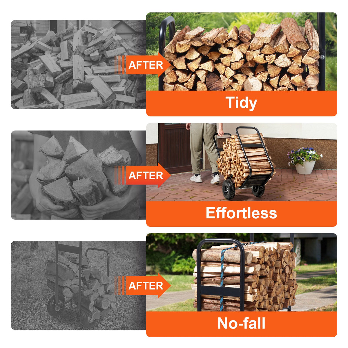 Firewood Log Cart 250lbs Steel PU Wheels Waterproof Wood Rack Heavy Duty Black