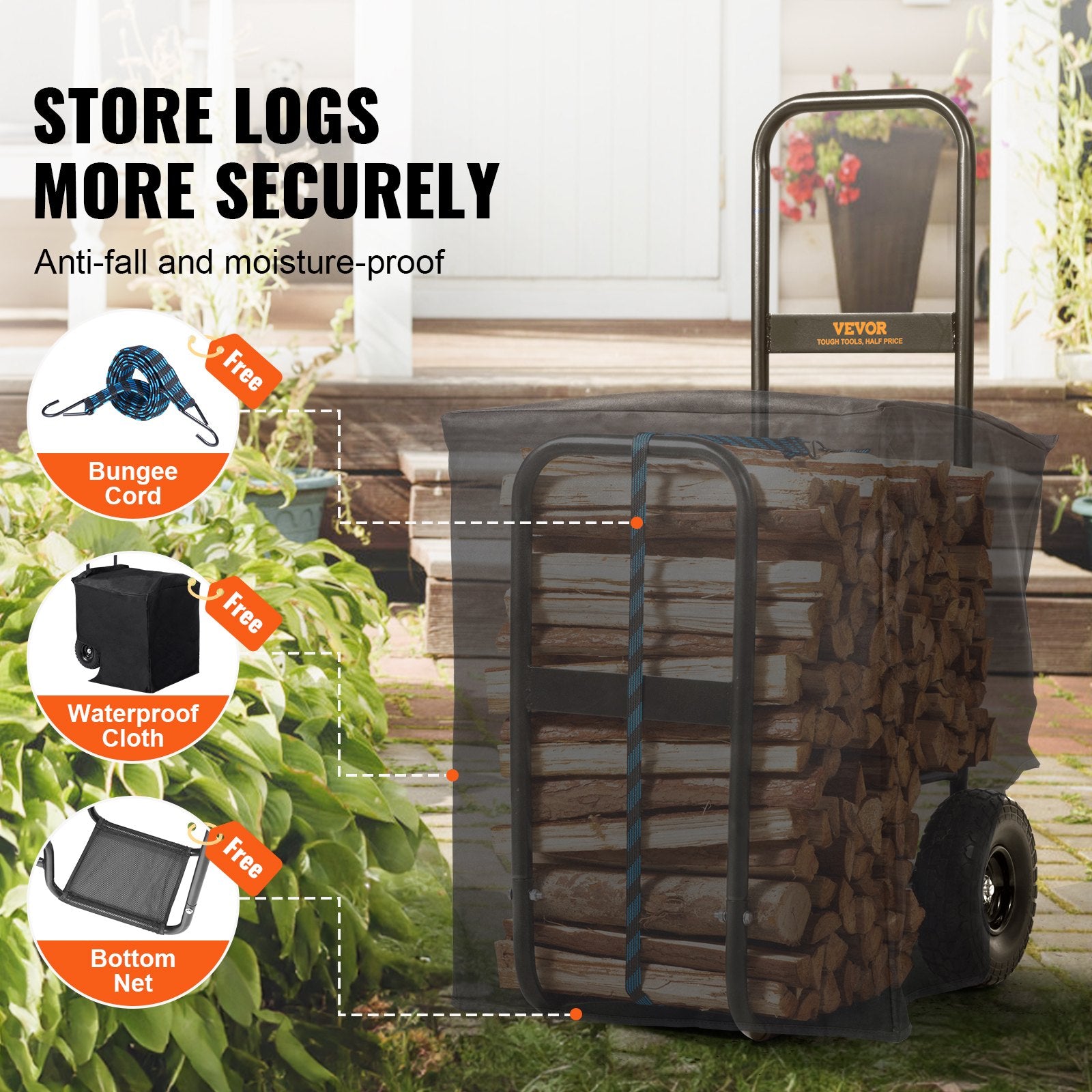 Firewood Log Cart 250lbs Steel PU Wheels Waterproof Wood Rack Heavy Duty Black