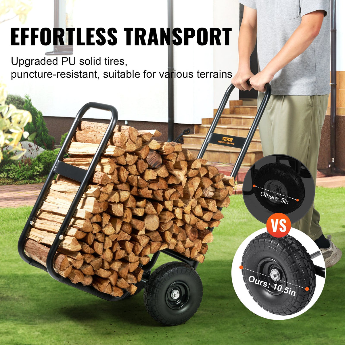 Firewood Log Cart 250lbs Steel PU Wheels Waterproof Wood Rack Heavy Duty Black