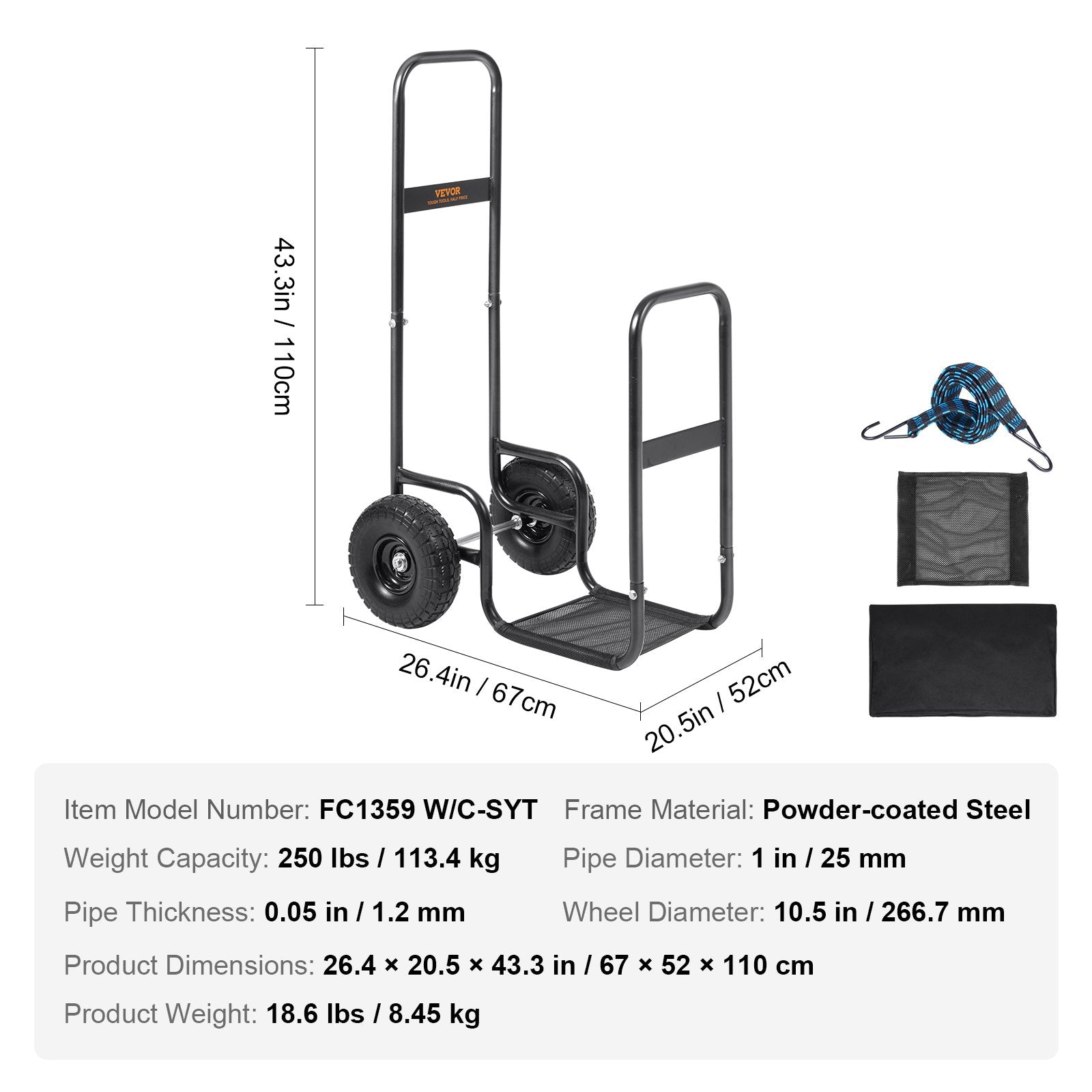 Firewood Log Cart 250lbs Steel PU Wheels Waterproof Wood Rack Heavy Duty Black