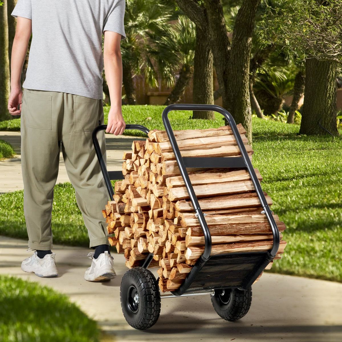 Firewood Log Cart 250lbs Steel PU Wheels Waterproof Wood Rack Heavy Duty Black