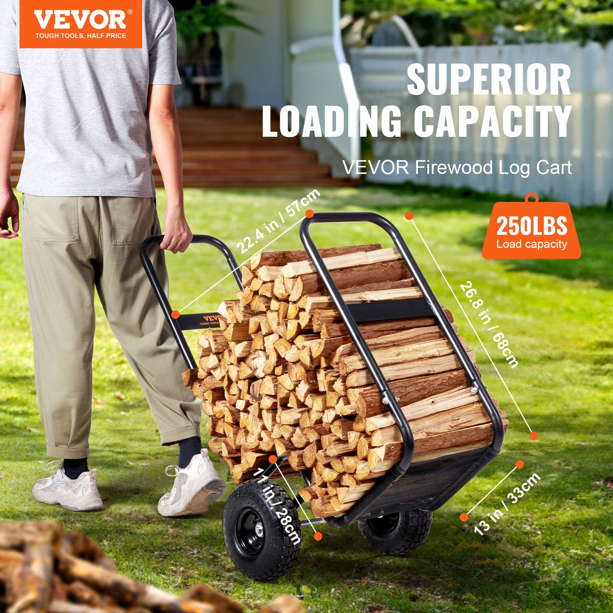 Firewood Log Cart 113kg Steel Pneumatic Wheels Indoor Outdoor Wood Rack Black