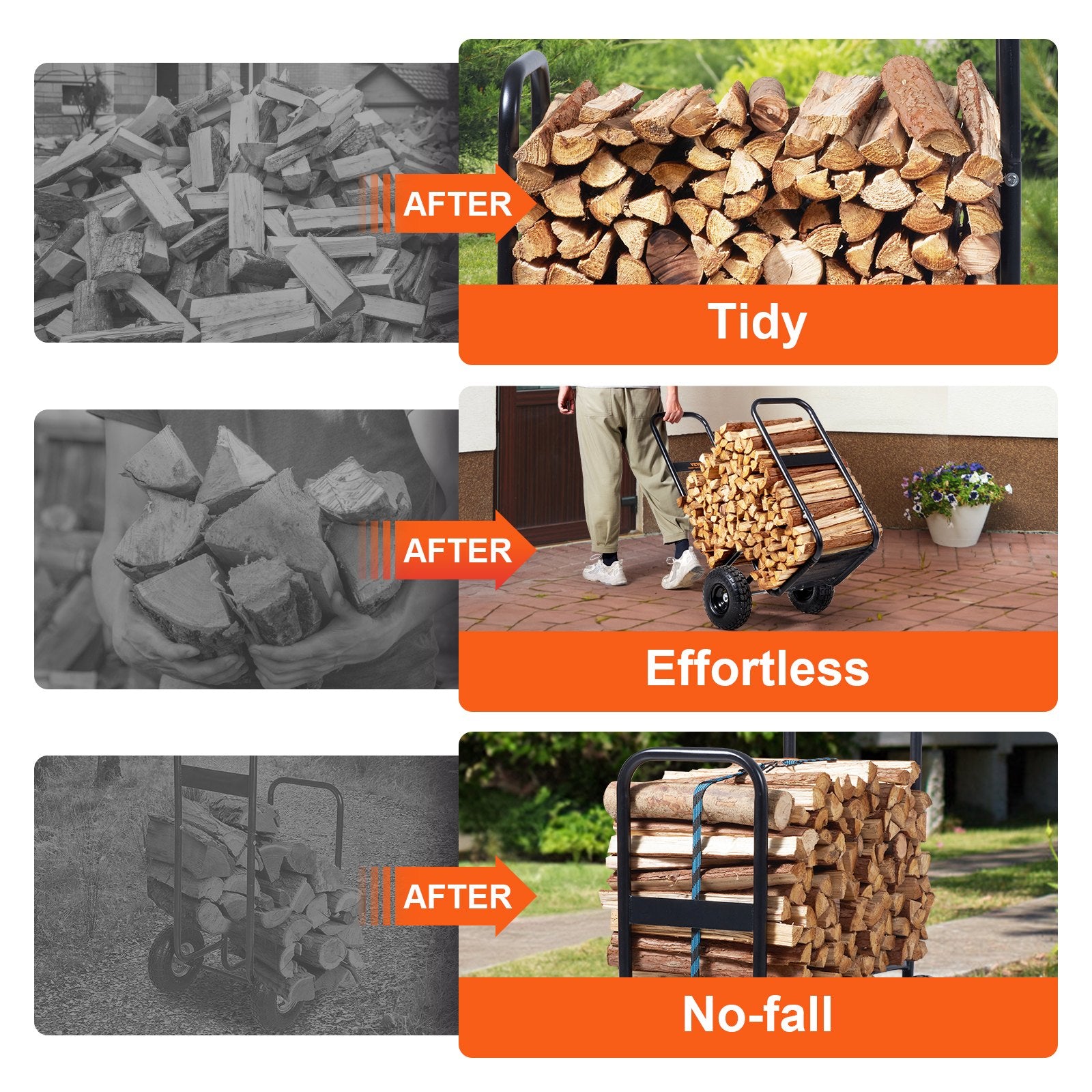 Firewood Log Cart 113kg Steel Pneumatic Wheels Indoor Outdoor Wood Rack Black