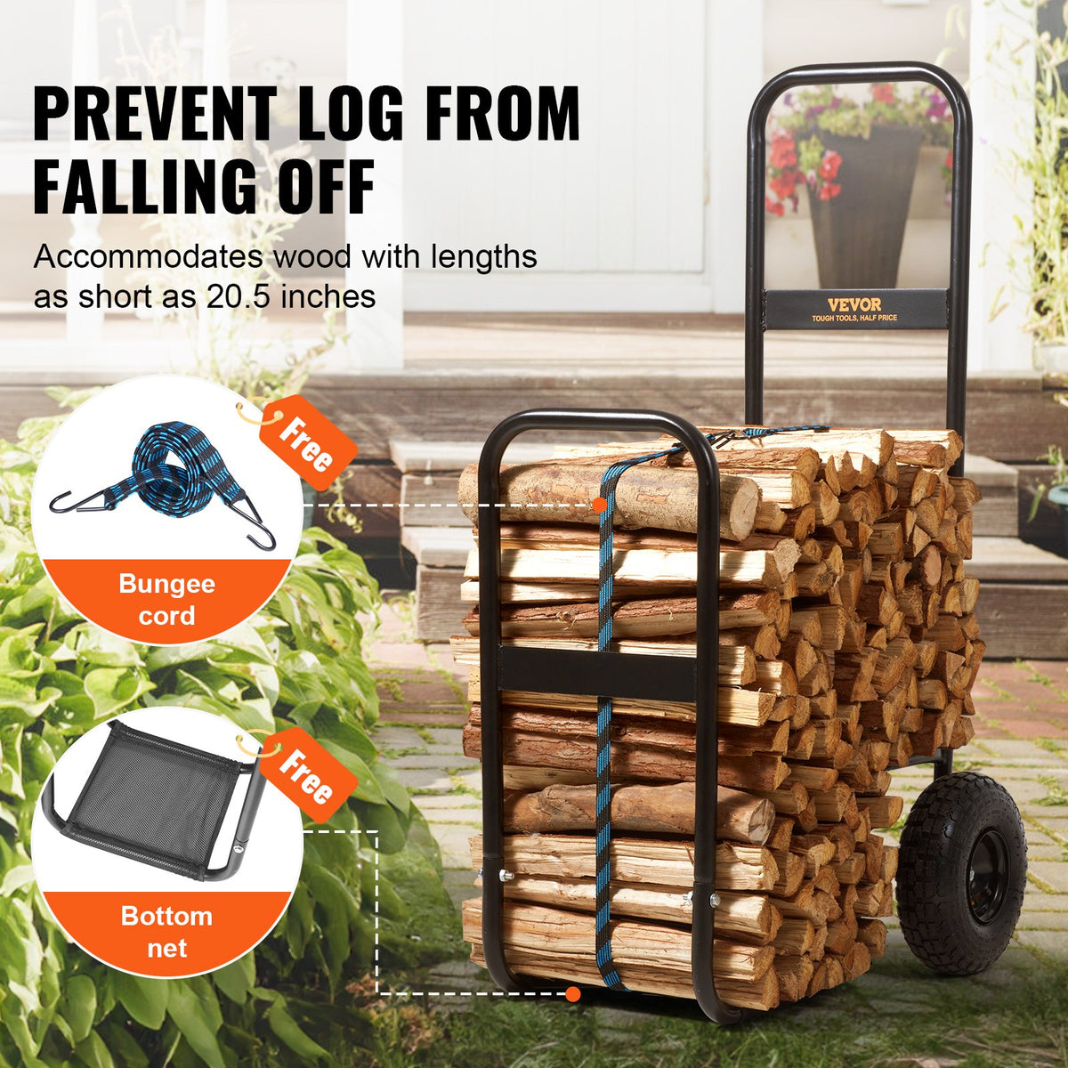 Firewood Log Cart 113kg Steel Pneumatic Wheels Indoor Outdoor Wood Rack Black