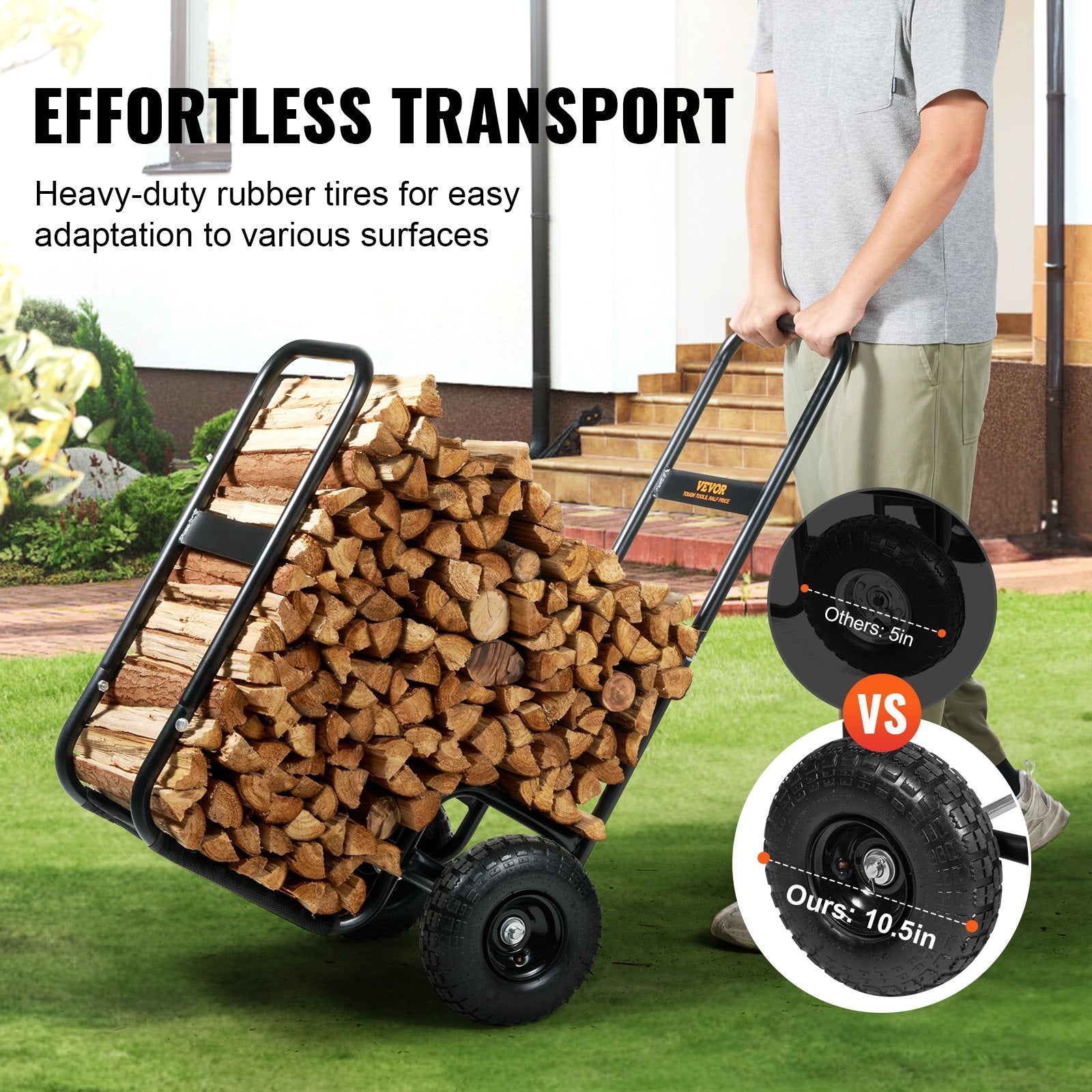 Firewood Log Cart 113kg Steel Pneumatic Wheels Indoor Outdoor Wood Rack Black