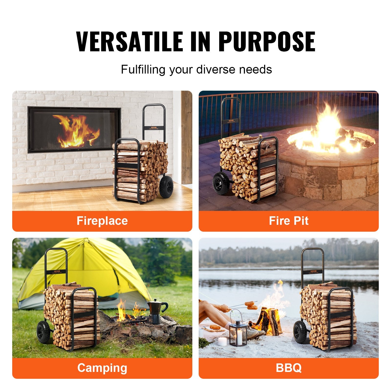 Firewood Log Cart 113kg Steel Pneumatic Wheels Indoor Outdoor Wood Rack Black
