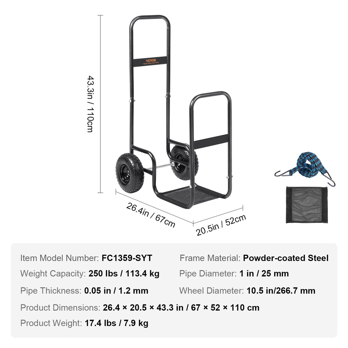 Firewood Log Cart 113kg Steel Pneumatic Wheels Indoor Outdoor Wood Rack Black