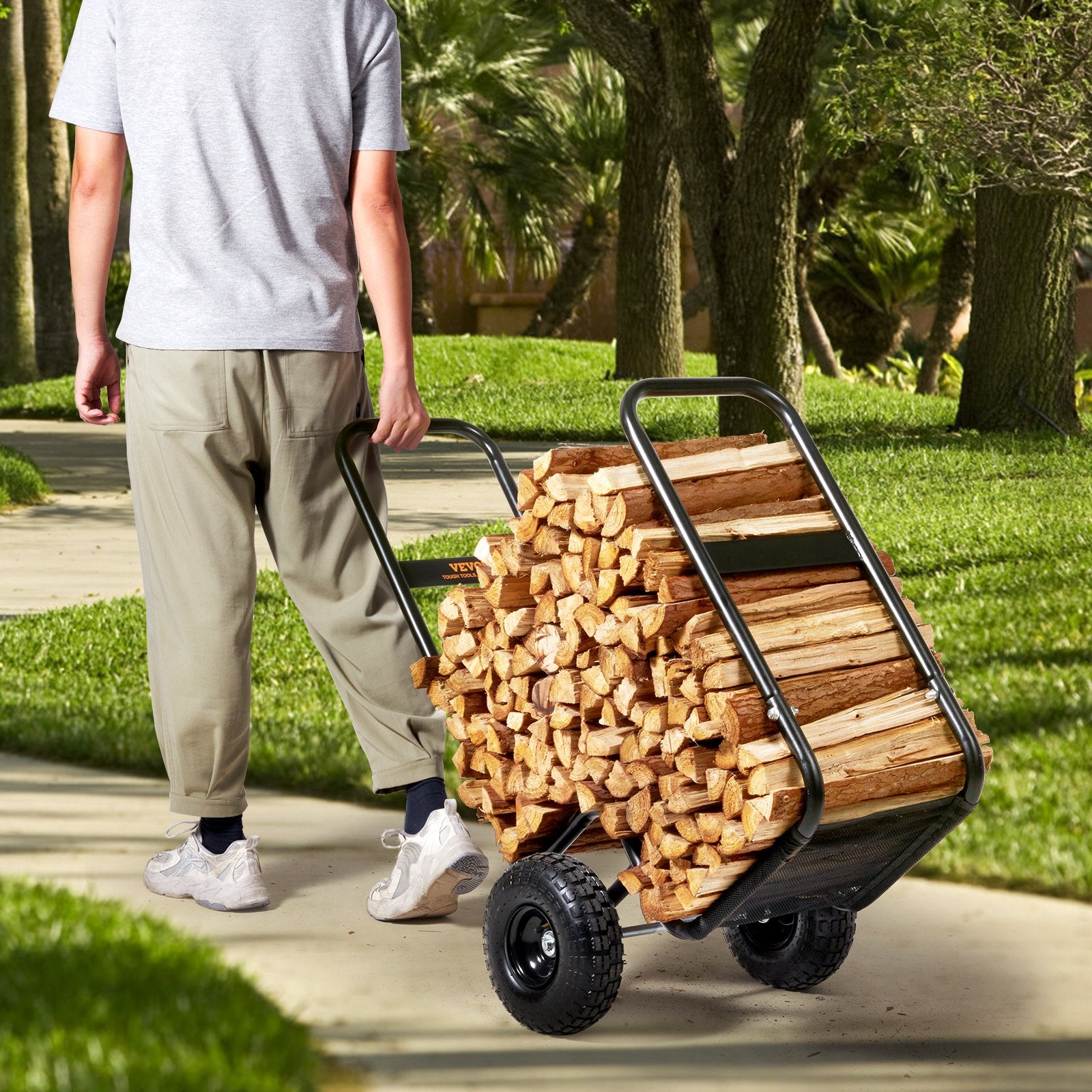 Firewood Log Cart 113kg Steel Pneumatic Wheels Indoor Outdoor Wood Rack Black