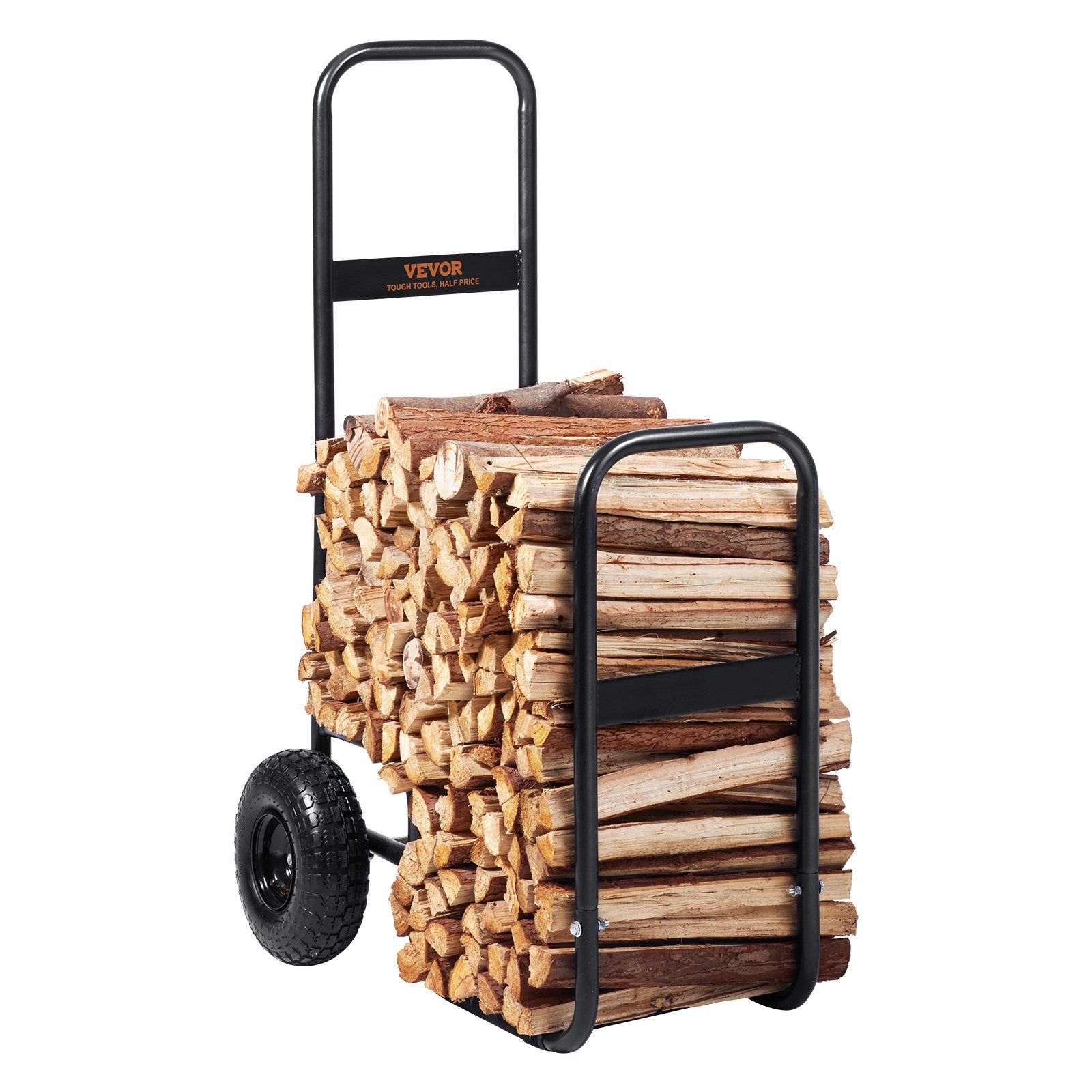 Firewood Log Cart 113kg Steel Pneumatic Wheels Indoor Outdoor Wood Rack Black
