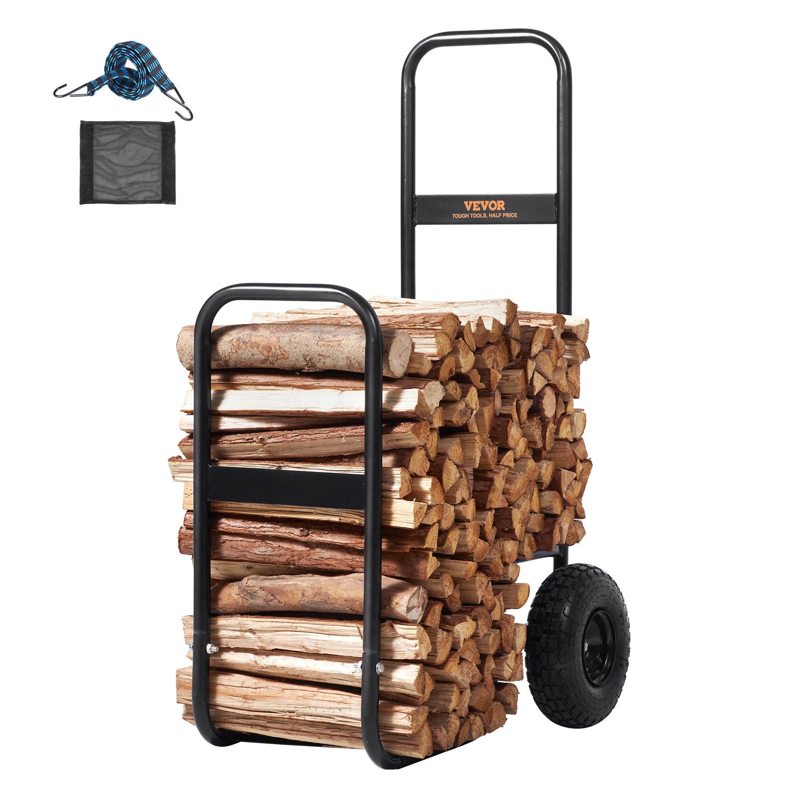 Firewood Log Cart 113kg Steel Pneumatic Wheels Indoor Outdoor Wood Rack Black