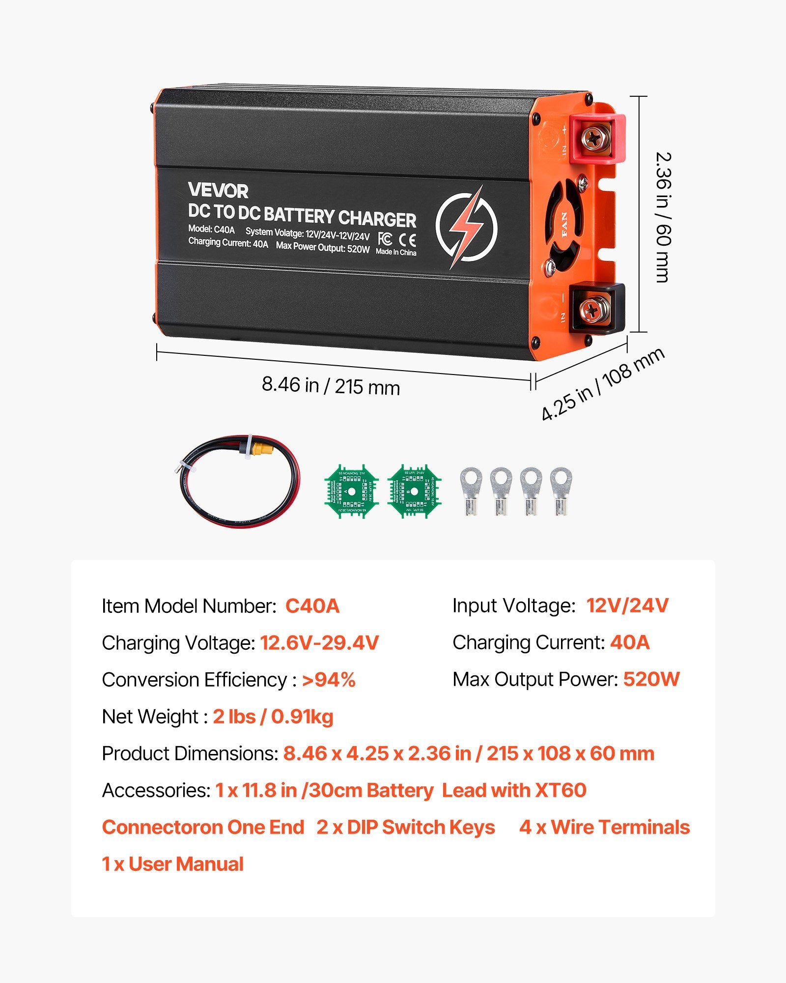 DC to DC Battery Charger 40A 520W 12V 24V Fast Charging Unit