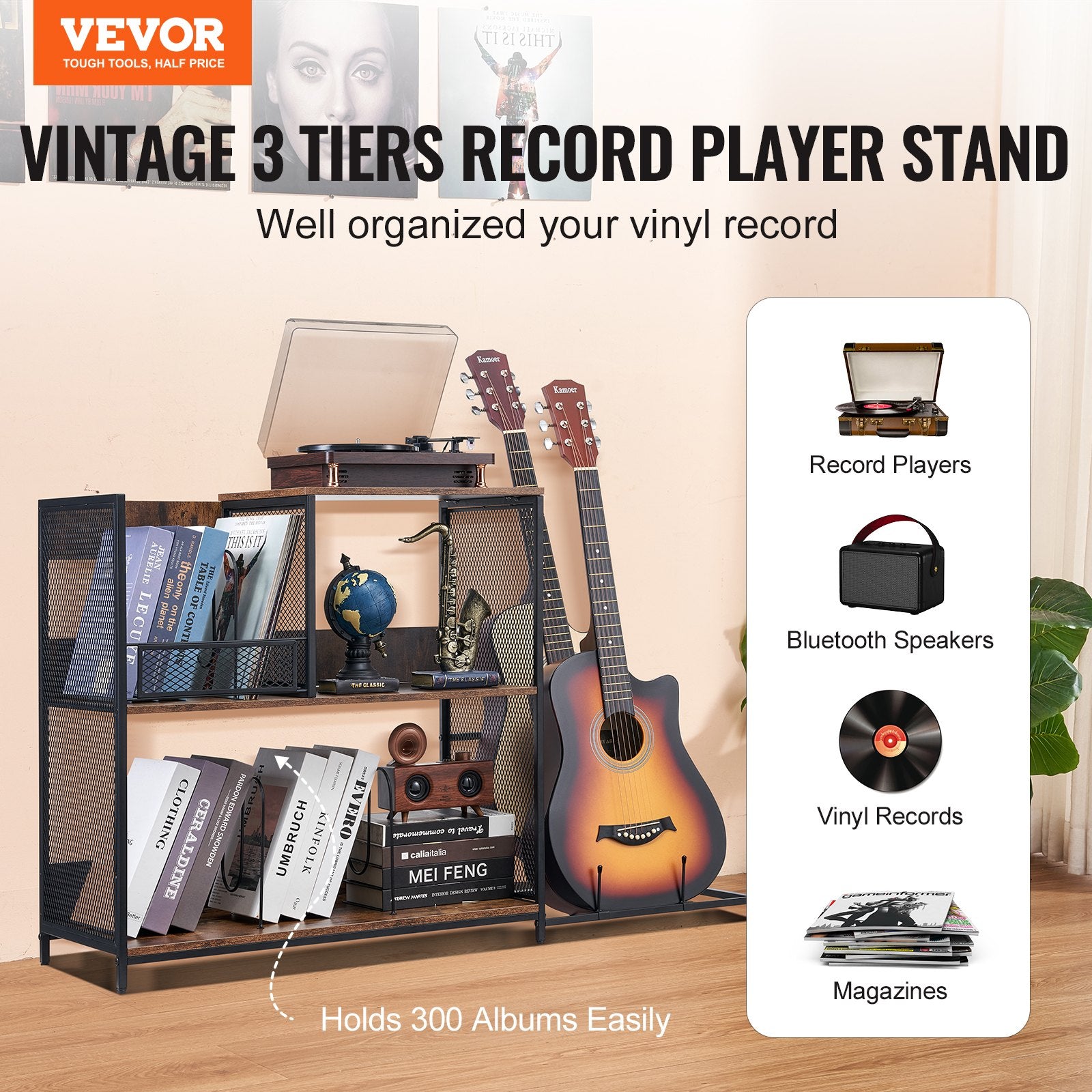 3-Tier Record Player Stand 113.3 cm Vinyl Storage with Guitar Holder