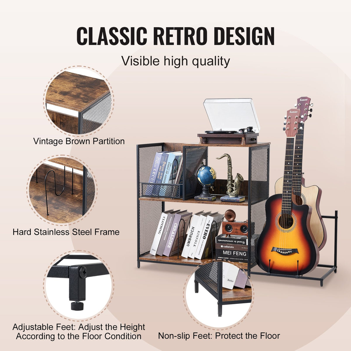 3-Tier Record Player Stand 113.3 cm Vinyl Storage with Guitar Holder