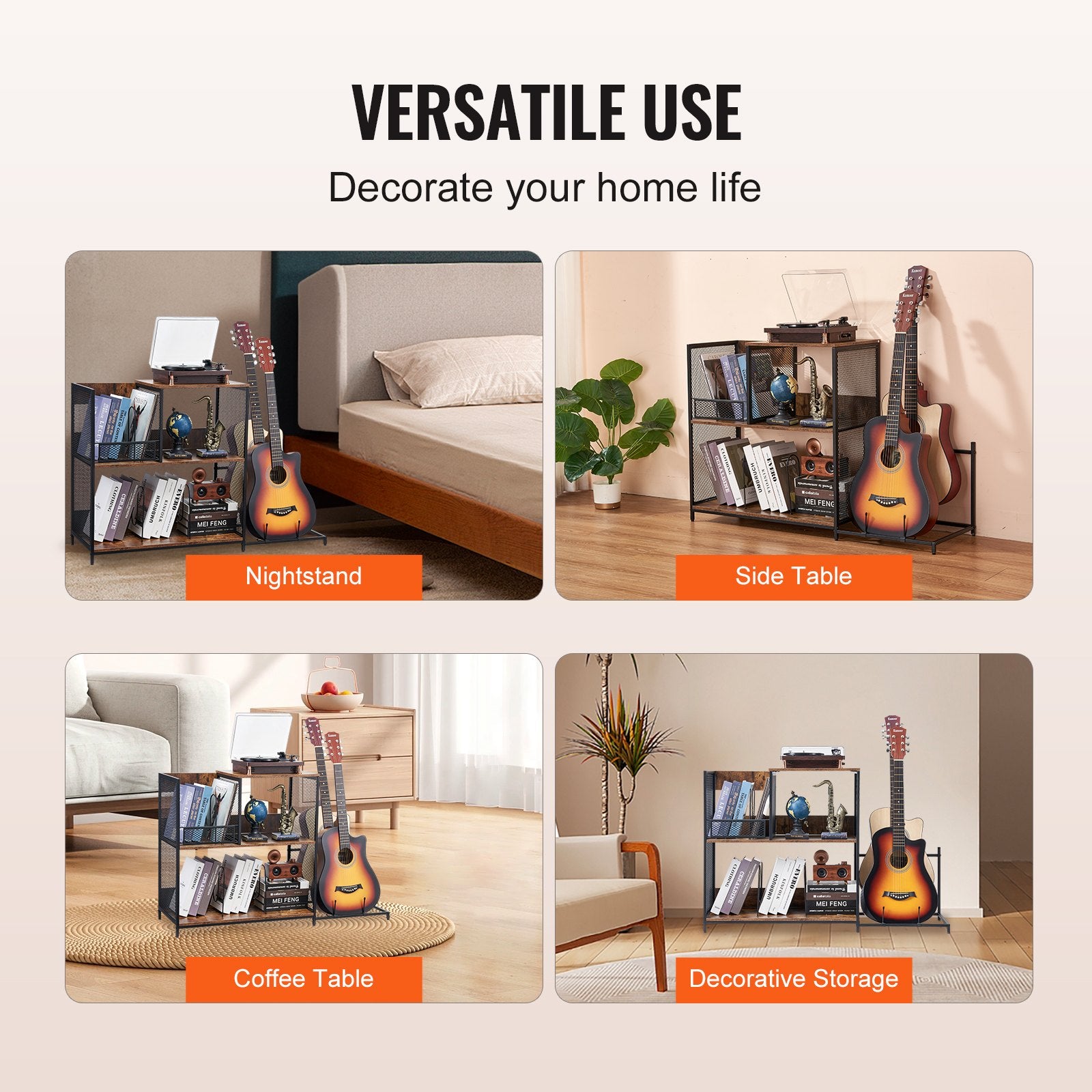 3-Tier Record Player Stand 113.3 cm Vinyl Storage with Guitar Holder