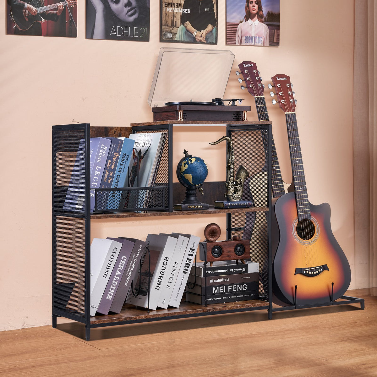 3-Tier Record Player Stand 113.3 cm Vinyl Storage with Guitar Holder