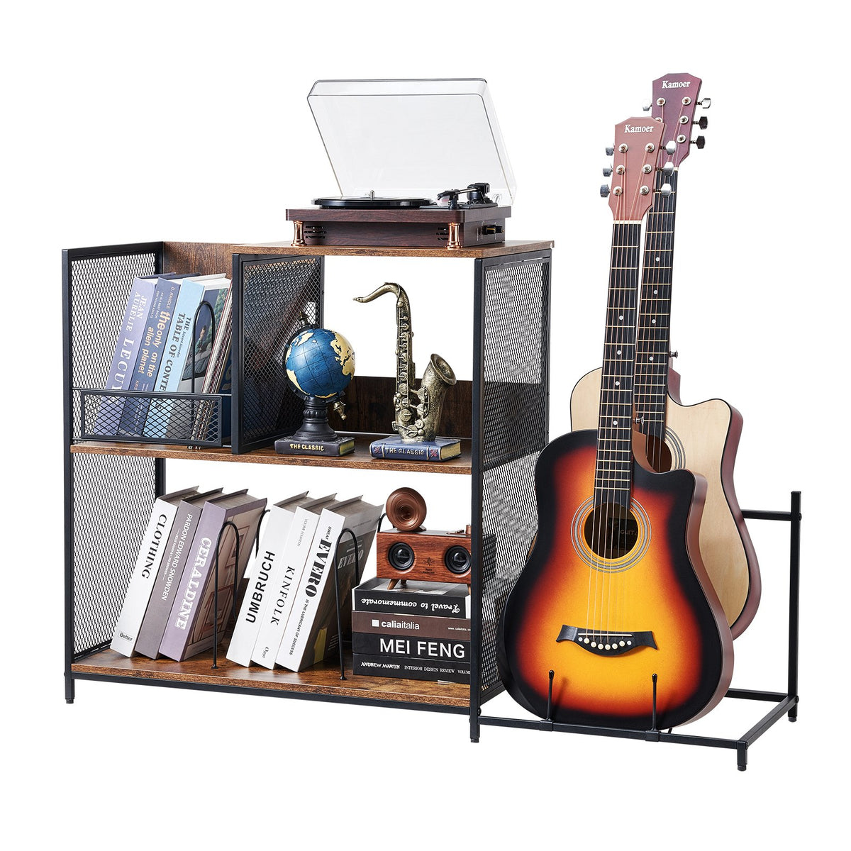 3-Tier Record Player Stand 113.3 cm Vinyl Storage with Guitar Holder