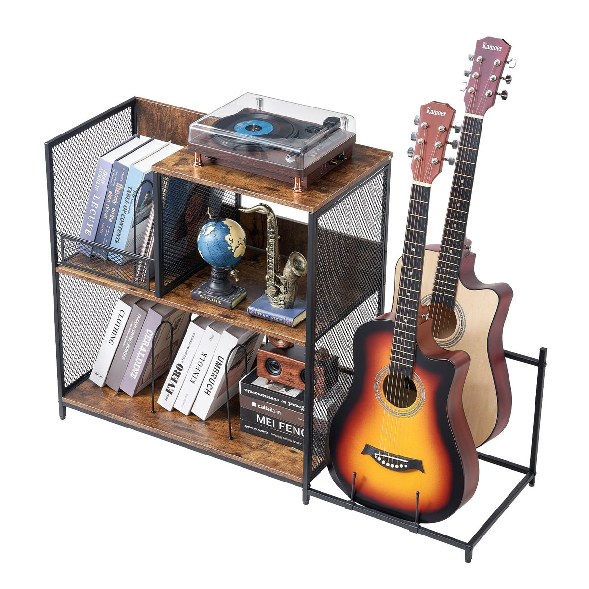 3-Tier Record Player Stand 113.3 cm Vinyl Storage with Guitar Holder