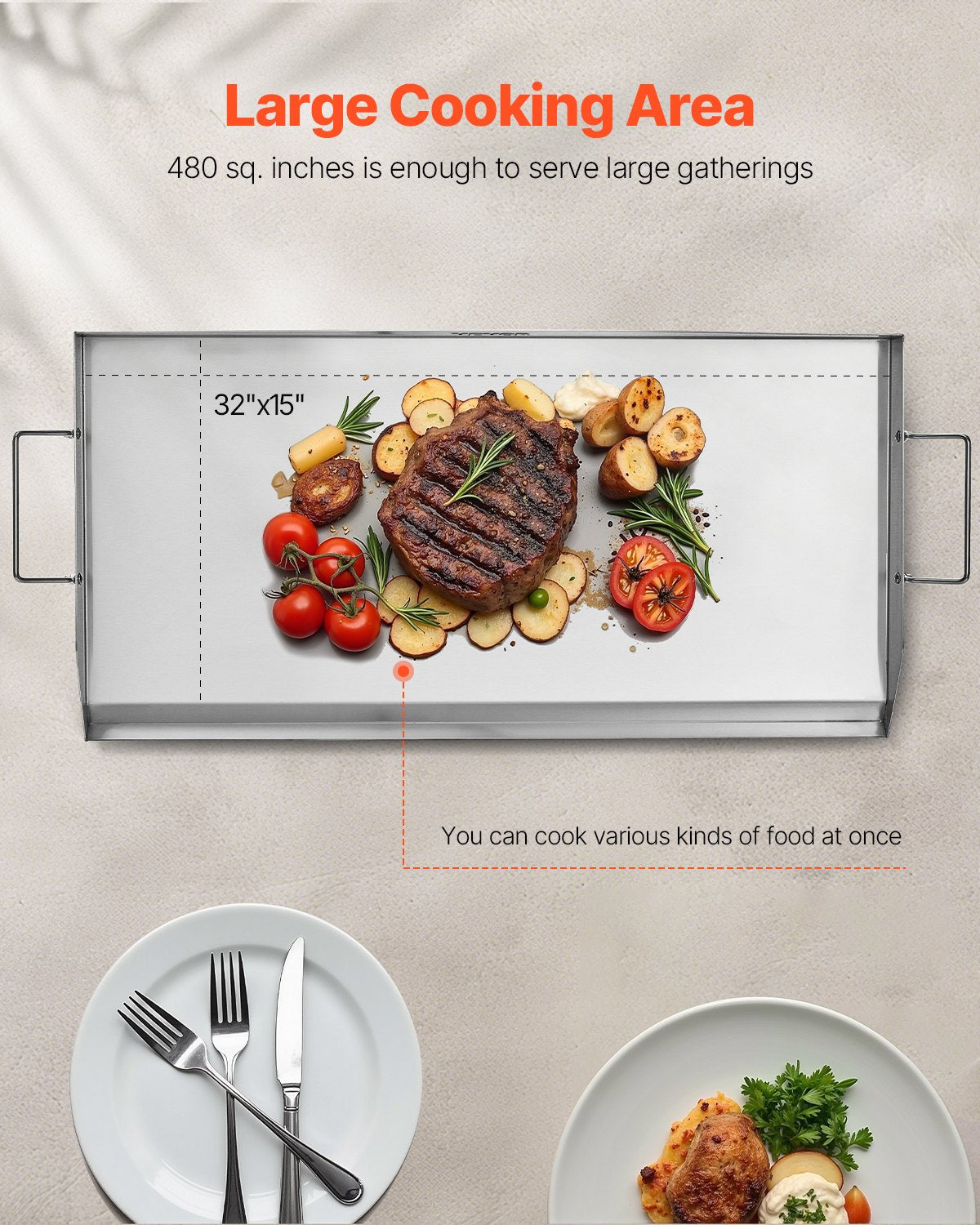 Stainless Steel Griddle 32x16 Inch Flat Top Gas Grill BBQ Teppanyaki with Handle