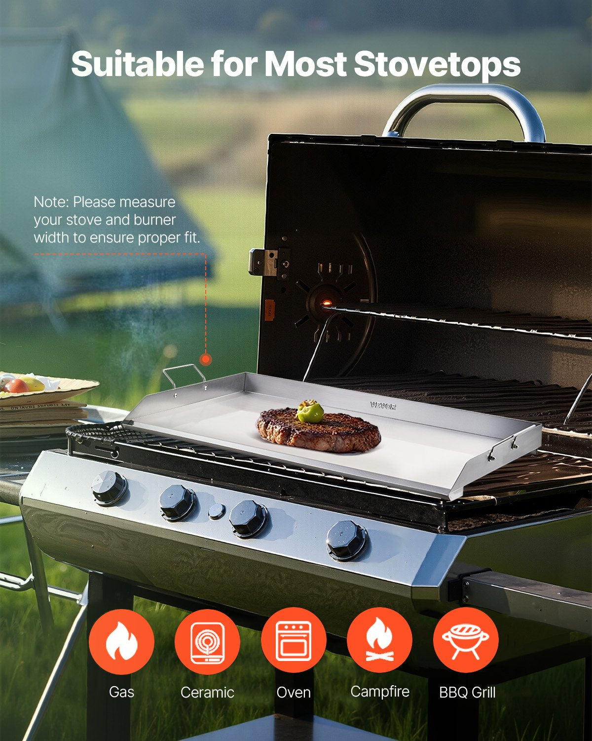 Griddle Stainless Steel Flat Top Gas Grill Teppanyaki Portable Handle 36x22 Inch